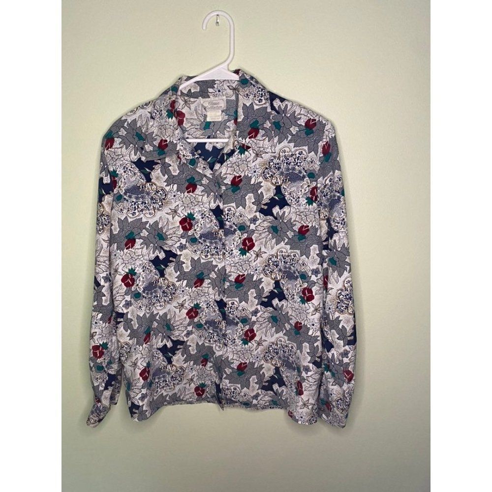 VINTAGE MODERN ESSENTIALS FLORAL LONG SLEEVE 10 BUTTON FRONT COLLAR